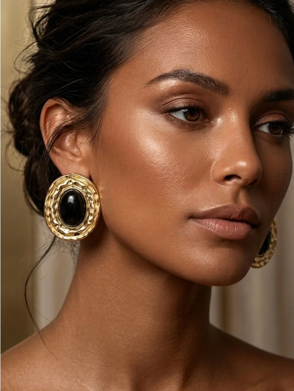 Vintage Oval Gold Earrings with Black Center